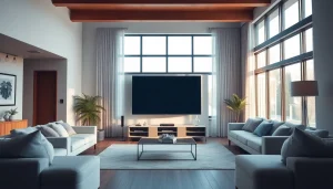 Telewizor 75 cali w nowoczesnym wnętrzu z jasnym, naturalnym światłem.