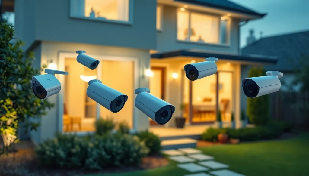 Cámaras EZVIZ ubicadas alrededor de una casa moderna, que destacan características de seguridad avanzadas.