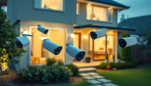 Cámaras EZVIZ ubicadas alrededor de una casa moderna, que destacan características de seguridad avanzadas.