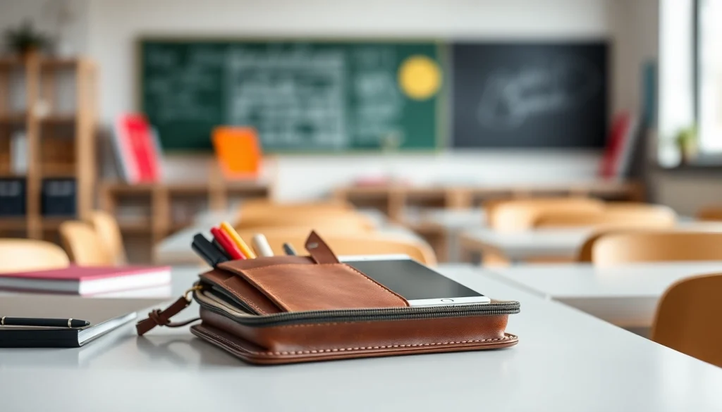 Handytasche Lehrer auf einem Schreibtisch, ideal für Lehrer zur Aufbewahrung von Zubehör.
