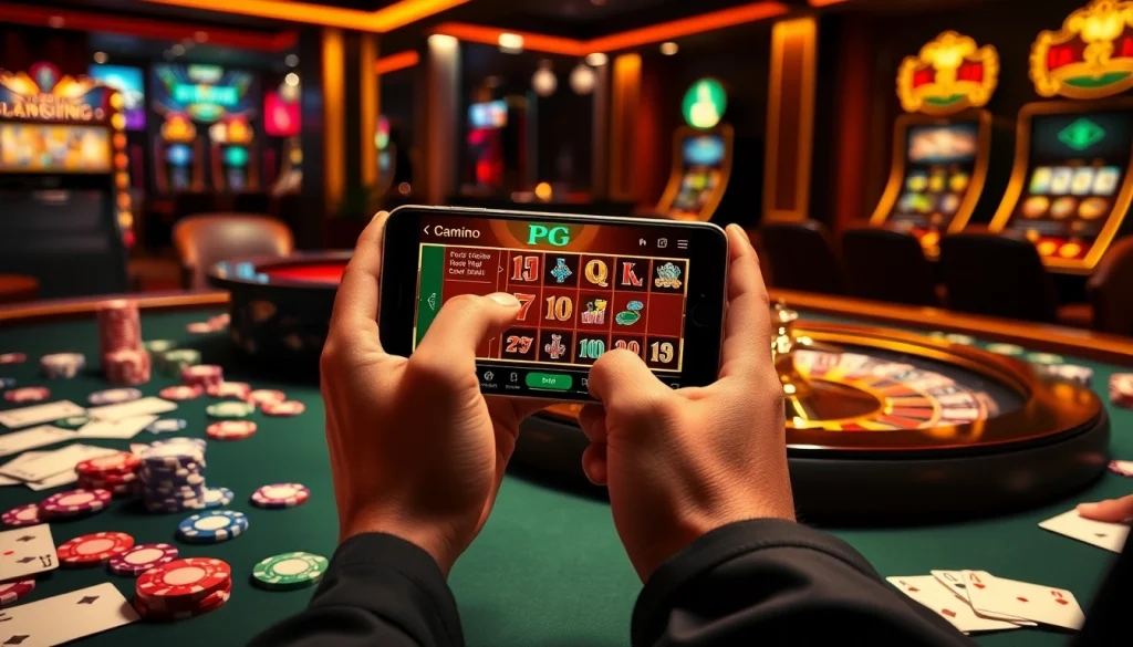 Player enjoying pg slot demo on a smartphone amidst casino vibes with chips and roulette.