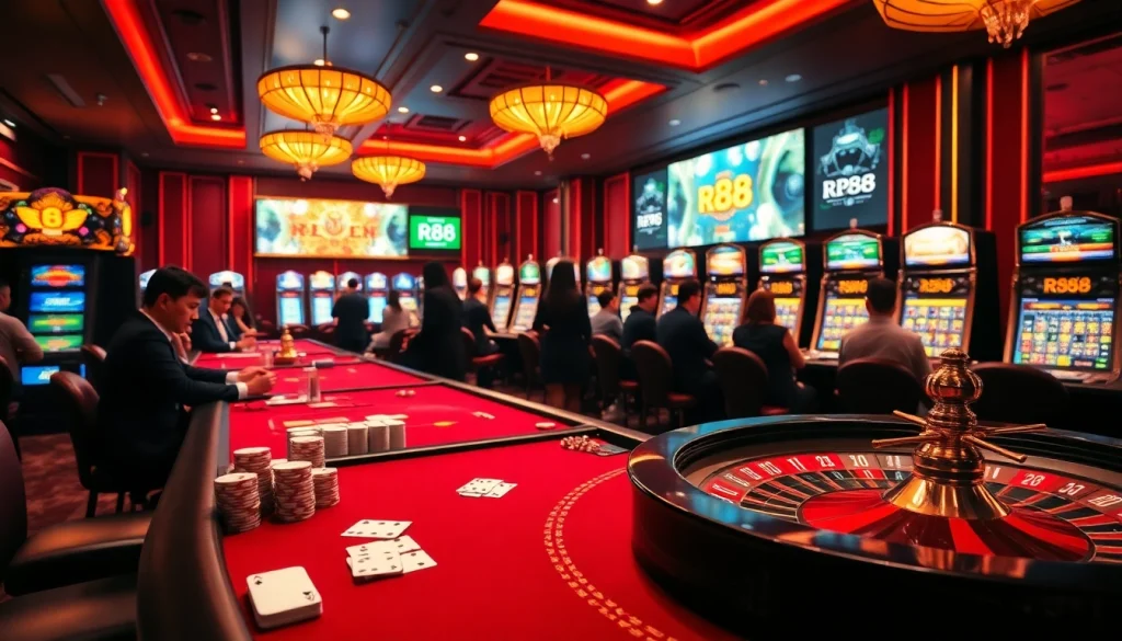 RR88 players enjoying thrilling casino games at an elegant gaming table.