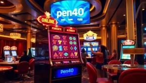 Engaging scene of players at a luxurious casino enjoying pen4d alternatif slot machines and games.