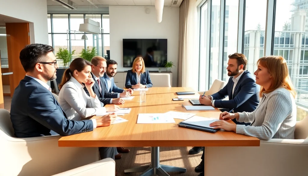 Engaged investors discussing luxembourg family holding strategies in a bright office setting.