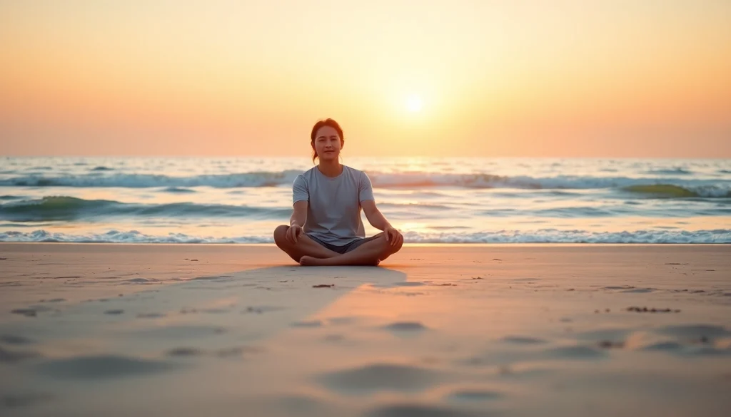 An individual reflecting on anxiety symptoms while meditating on a tranquil beach at sunrise.