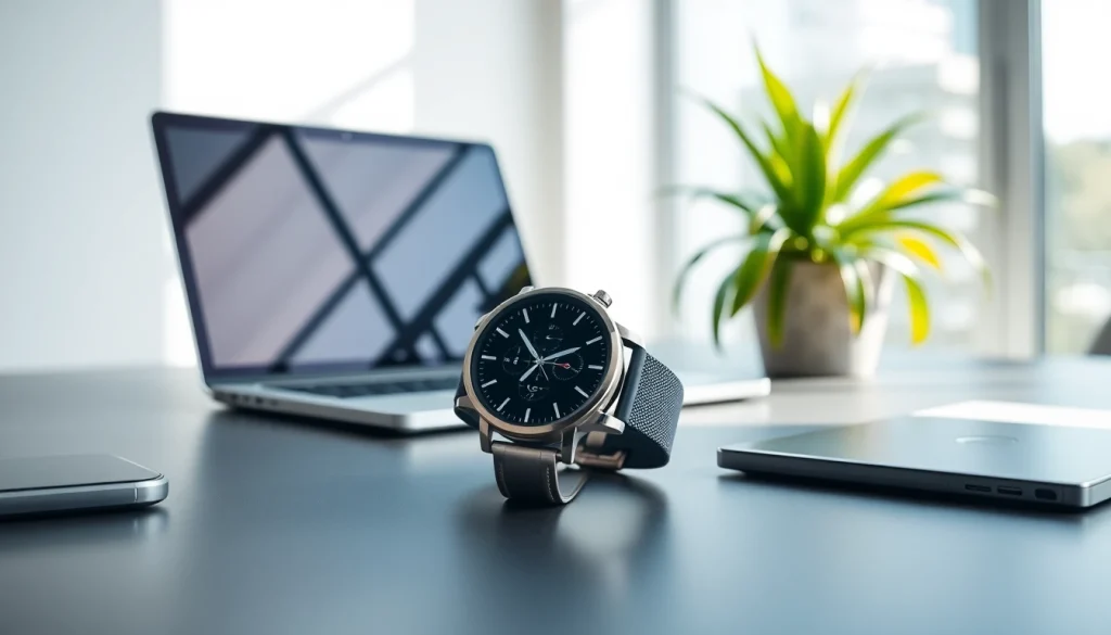 Showcase of Pulse Smart Watch highlighting its sleek design and advanced features in a modern workspace.