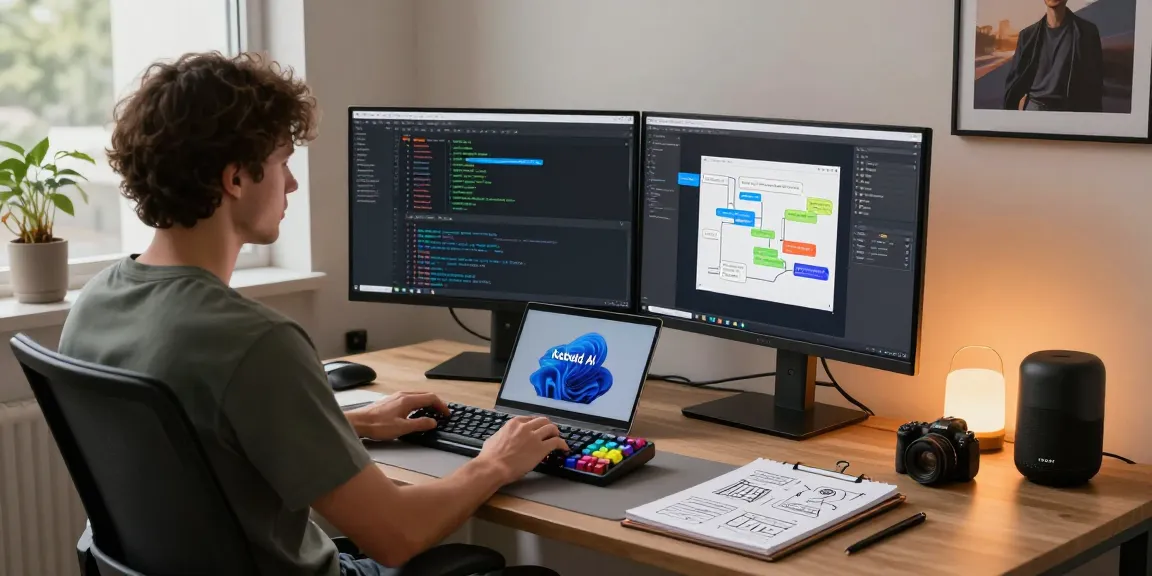 Developer creating an advanced koboldai chatbot in a modern workspace with dual monitors and ambient lighting.